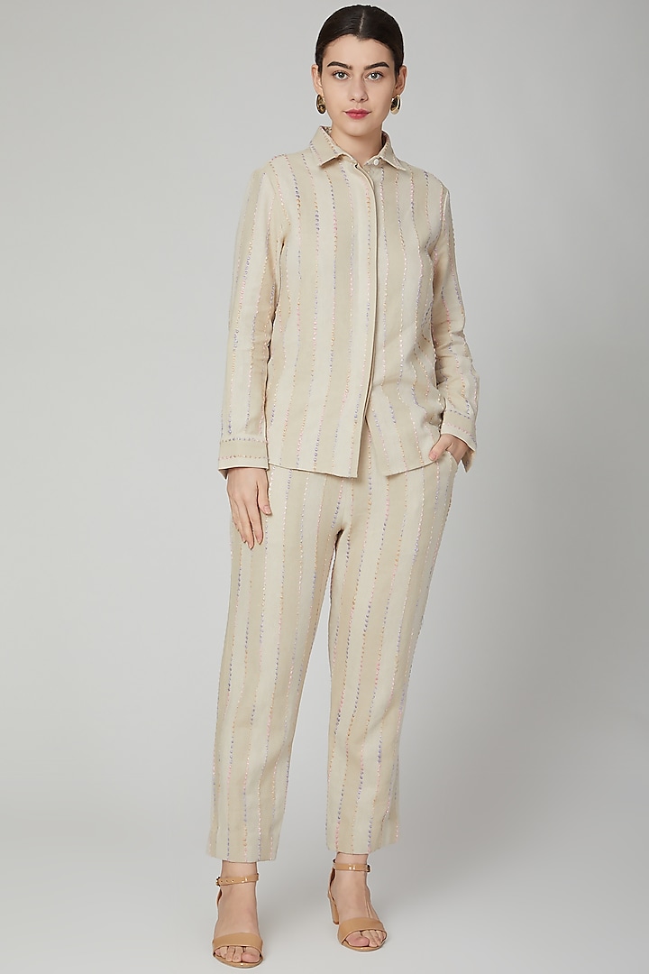 Nude Embroidered Linen Pants by Aruni
